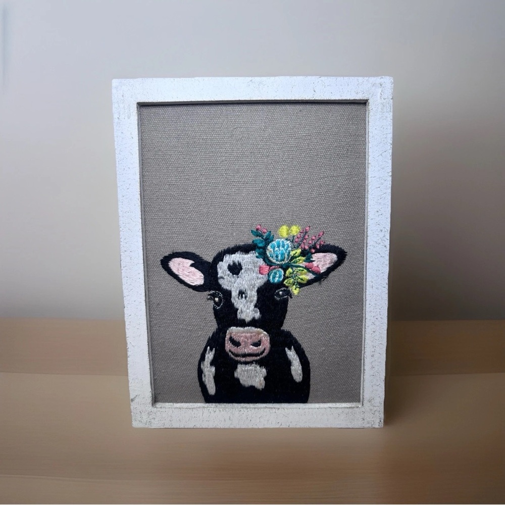 Charming Cow Embroidery Wall Art - White Frame - Picture 2 of 6